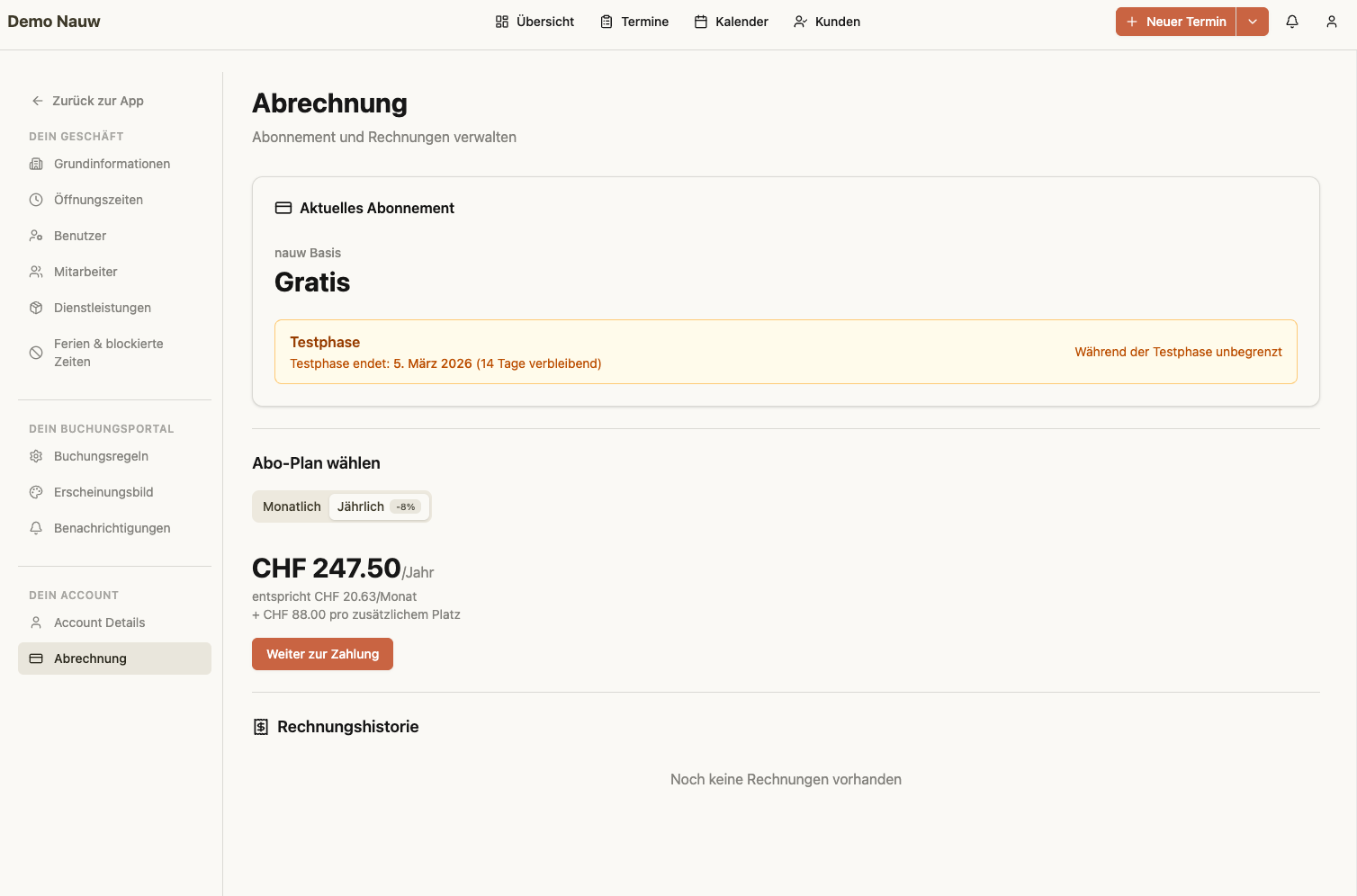 Die Abrechnungsseite zeigt das aktuelle Abonnement, den Testphasenstatus und die Abo-Planauswahl.