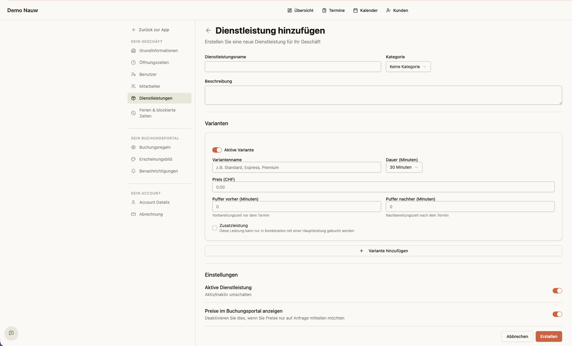 Das leere Formular für eine neue Dienstleistung mit allen Feldern: Name, Kategorie, Beschreibung, Varianten und Einstellungen.