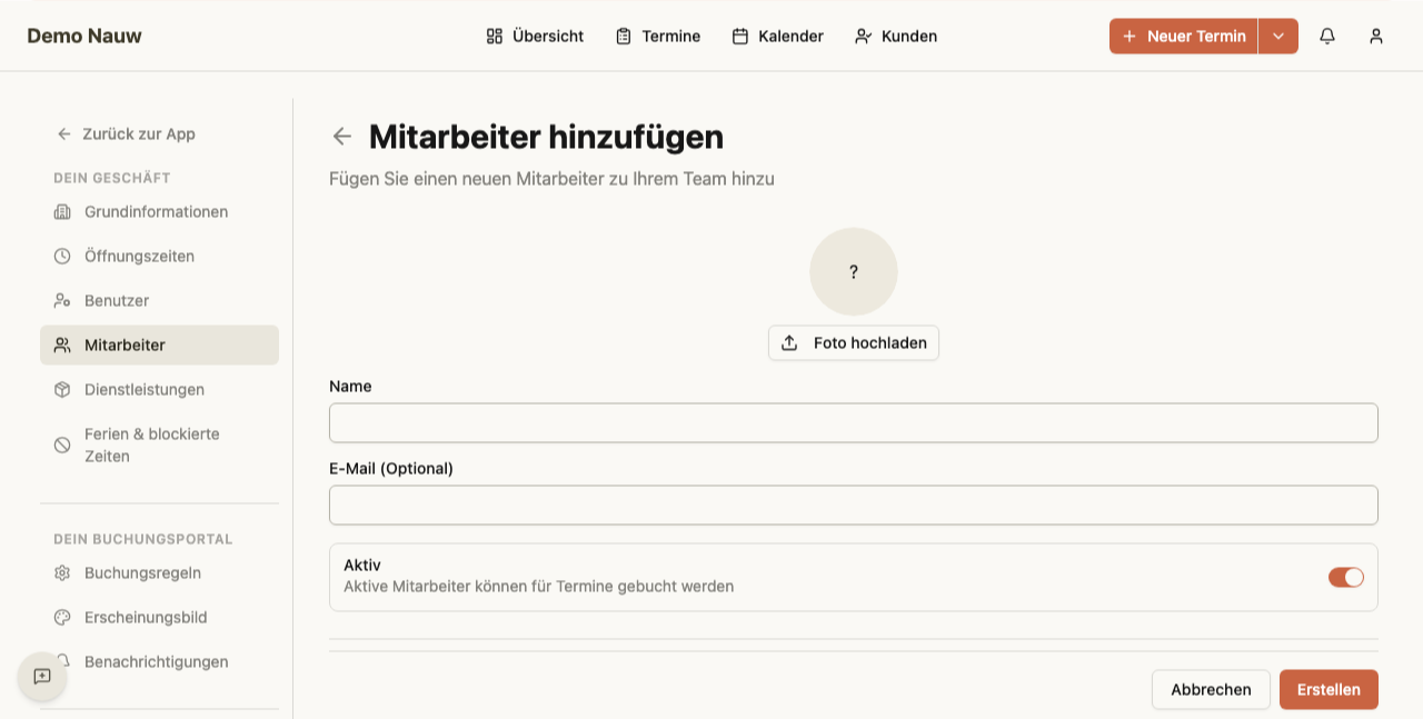 Mitarbeiterformular — Neuer Mitarbeiter