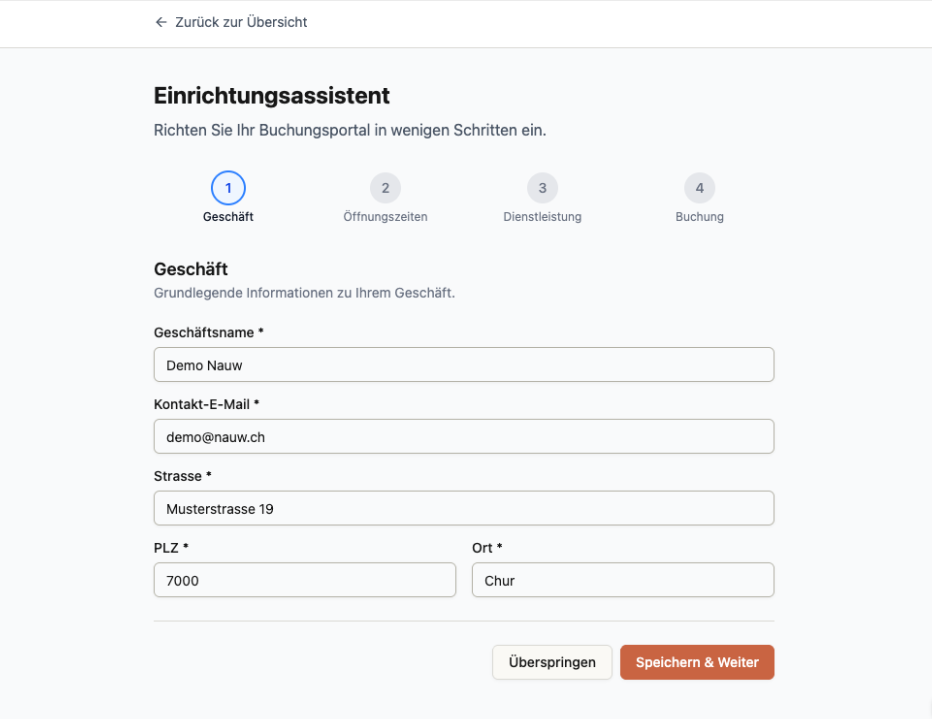 Schritt 1 des Einrichtungsassistenten: Geschäftsangaben