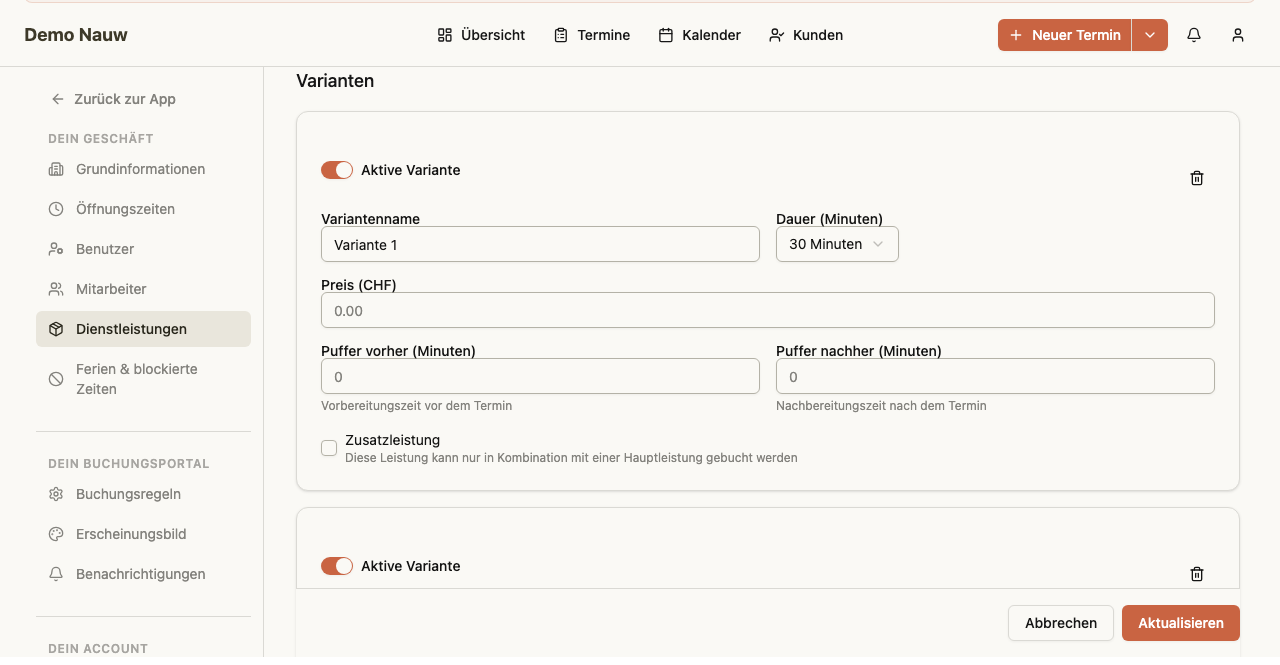 Das ausgefüllte Bearbeitungsformular für «Service 1» mit drei Varianten (Variante 1: 30 Min., Variante 2: 60 Min., Variante 3: 90 Min.), Mitarbeiterzuweisung und Einstellungen.