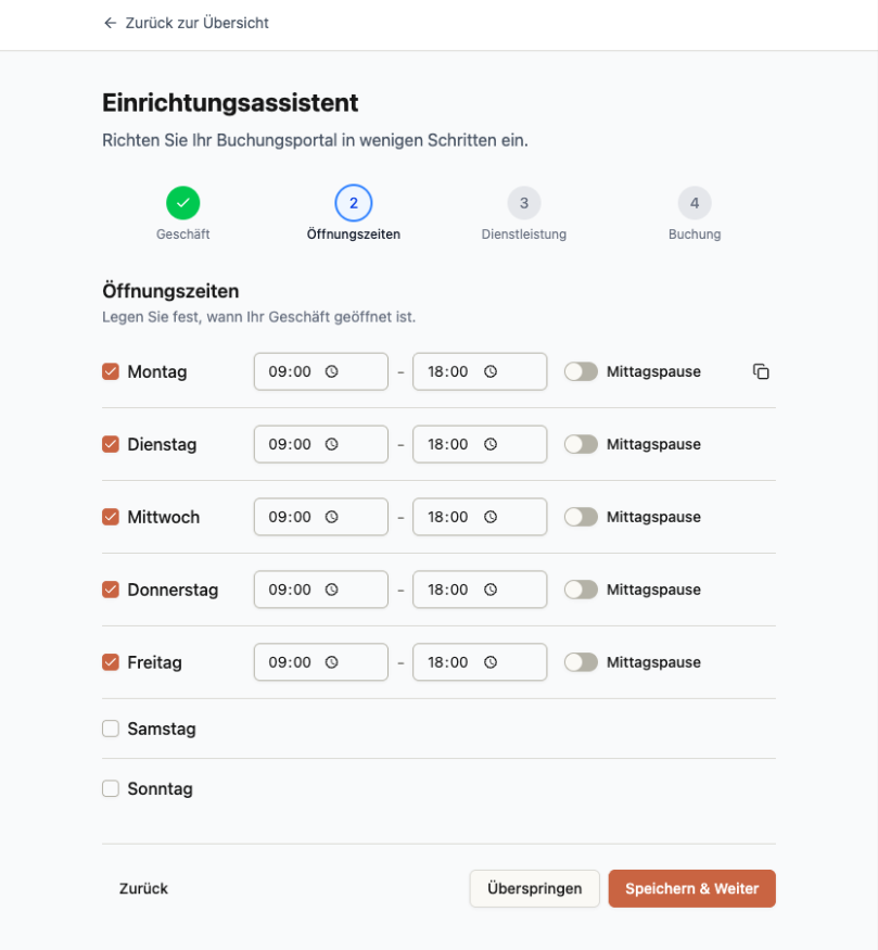 Schritt 2 des Einrichtungsassistenten: Öffnungszeiten