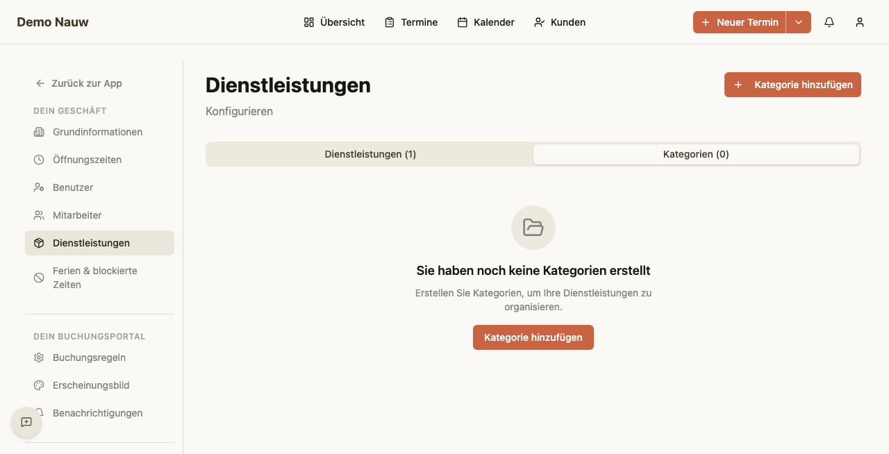 Die Kategorienübersicht zeigt alle vorhandenen Kategorien. Wenn noch keine Kategorien erstellt wurden, erscheint ein Hinweis mit der Schaltfläche «Kategorie hinzufügen».