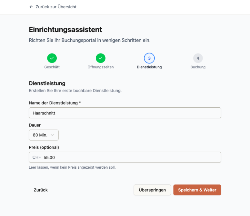 Schritt 3 des Einrichtungsassistenten: Erste Dienstleistung