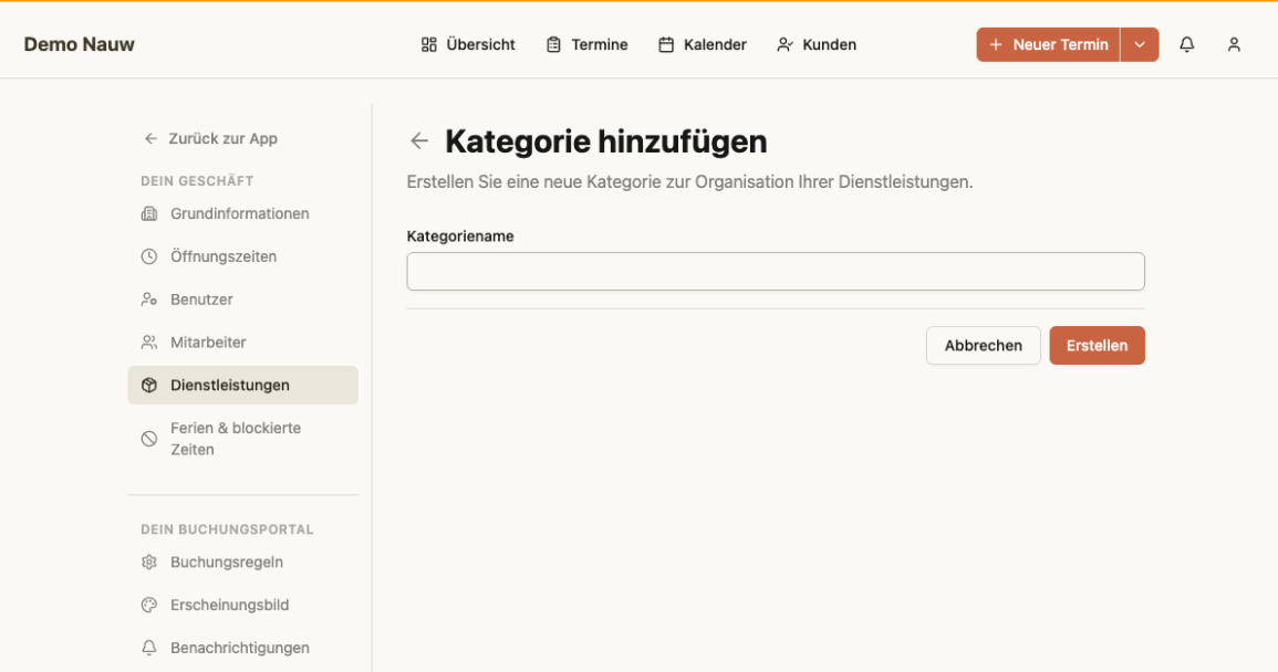 Das Formular für eine neue Kategorie enthält nur ein einziges Feld: den Kategorienamen.